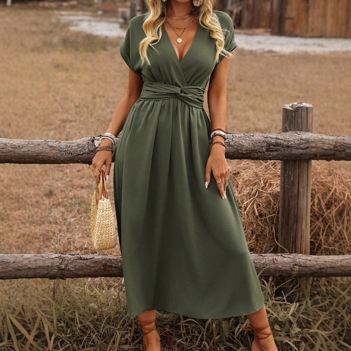 Womens V-Neck Batwing Sleeve Dress