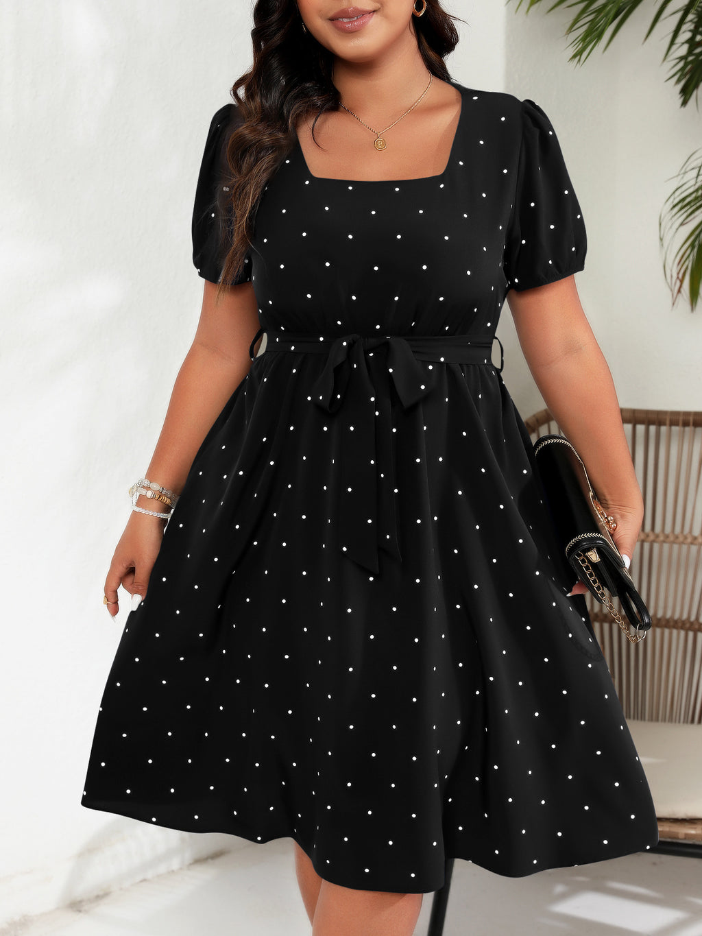 Polka Dot Square Neck Puff Sleeve Dress