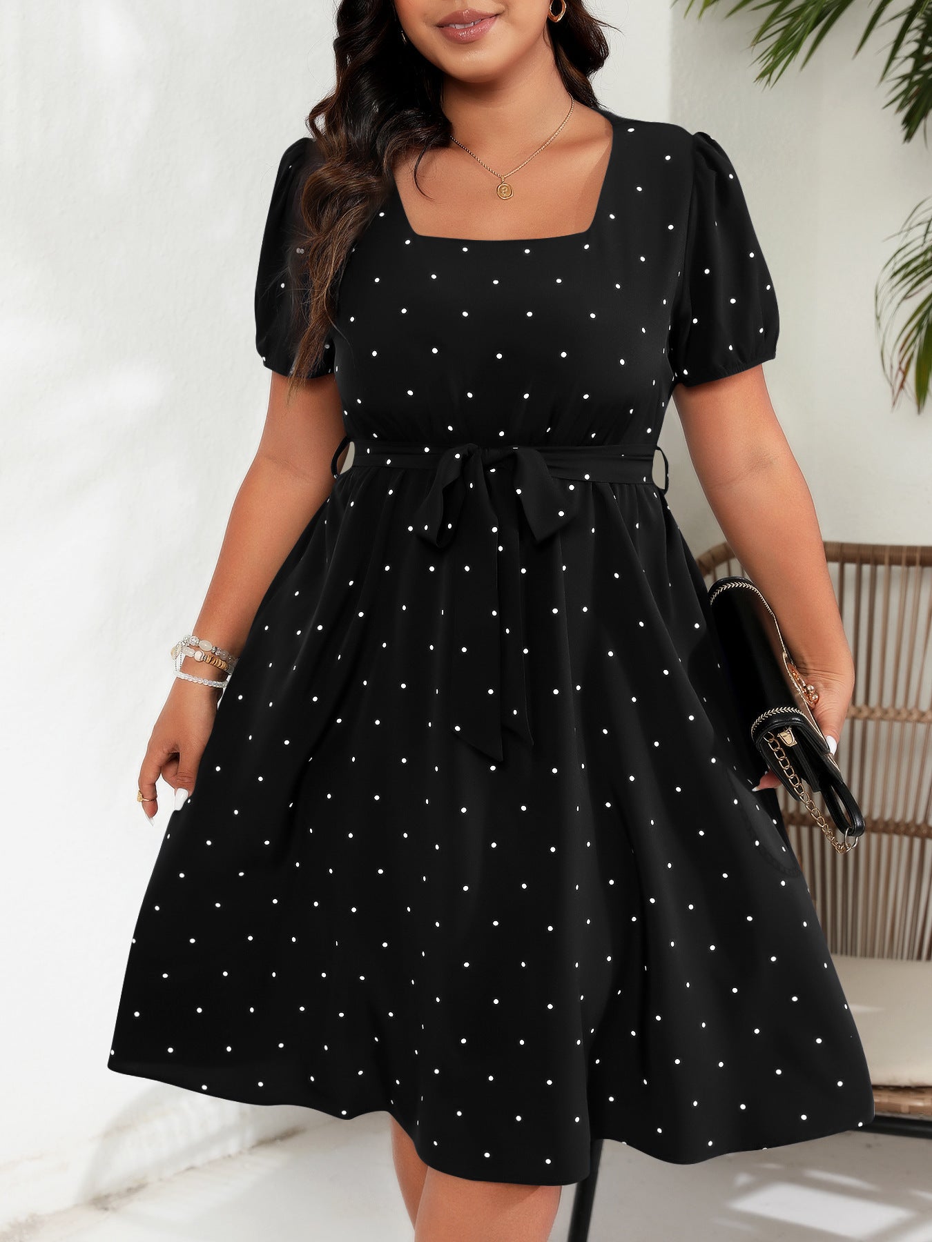 Polka Dot Square Neck Puff Sleeve Dress