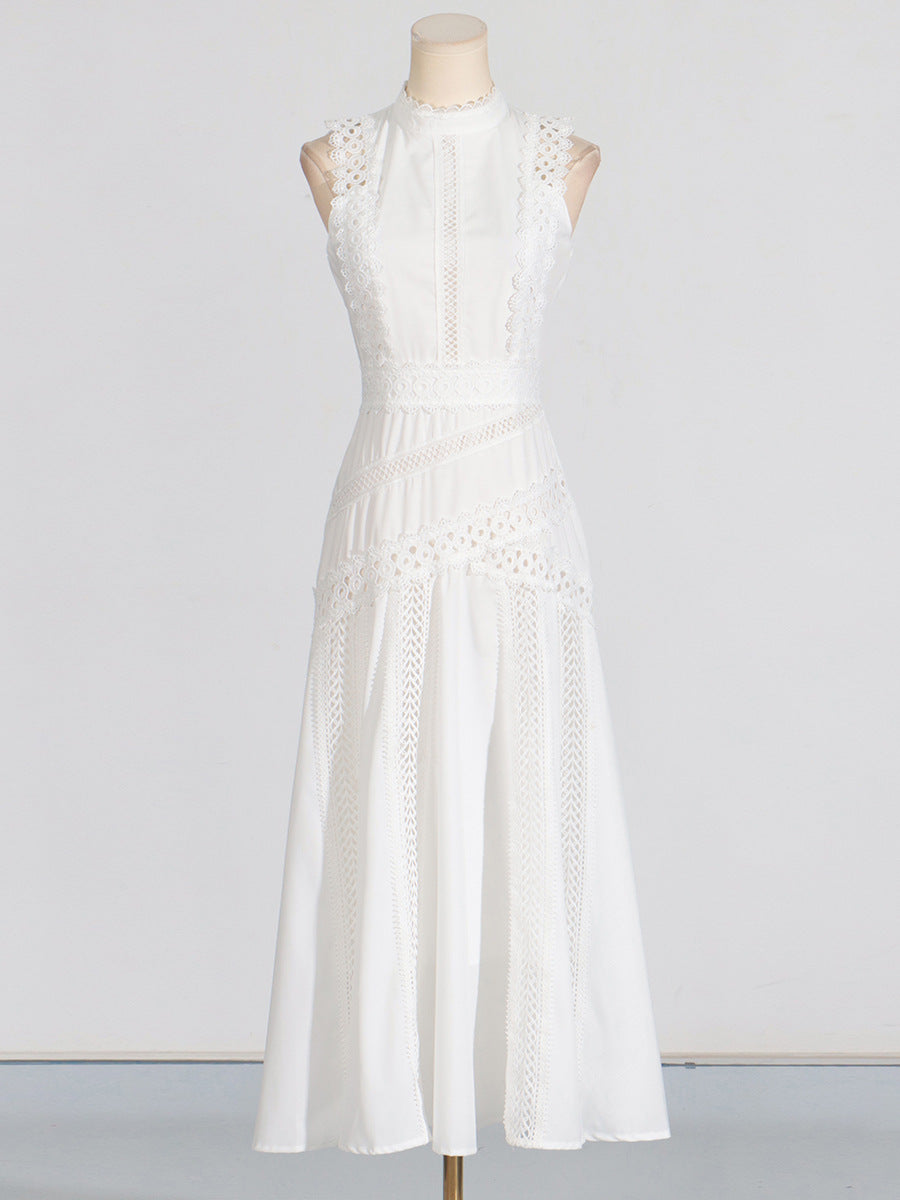 French Retro Sleeveless Lace Trim Dress