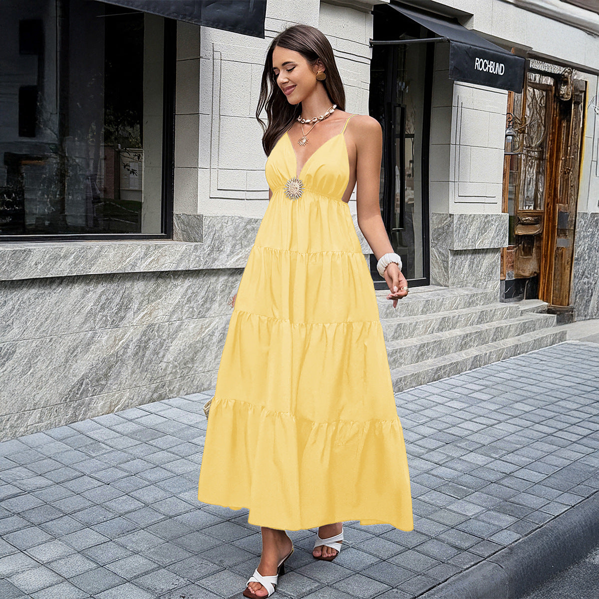 Womens Elegant Spaghetti Strap A-Line Long Dress