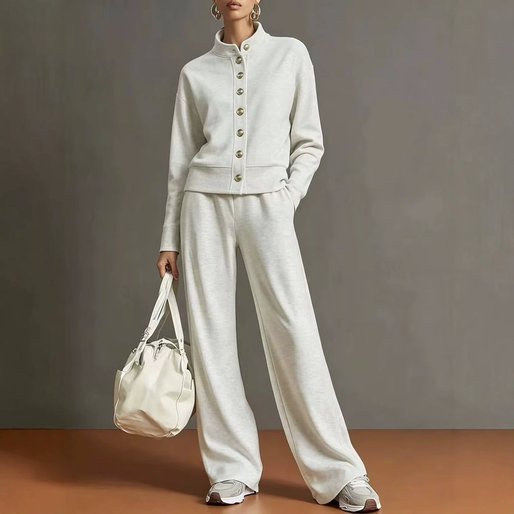 Women's Solid Color Stand Collar Sweatshirt and Wide Leg Pants Casual Two Piece Set