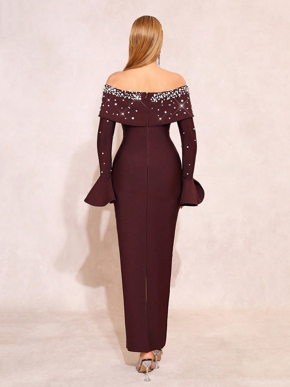 Women's Off-Shoulder Beaded Bell Sleeve Bandage Formal Dress