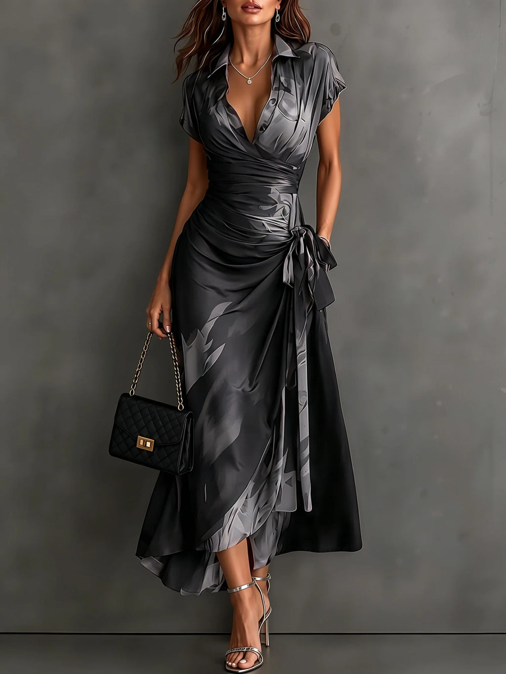 Womens Ink Print Wrap Dress with Collar Short Sleeves High Waist Tie Side Slit