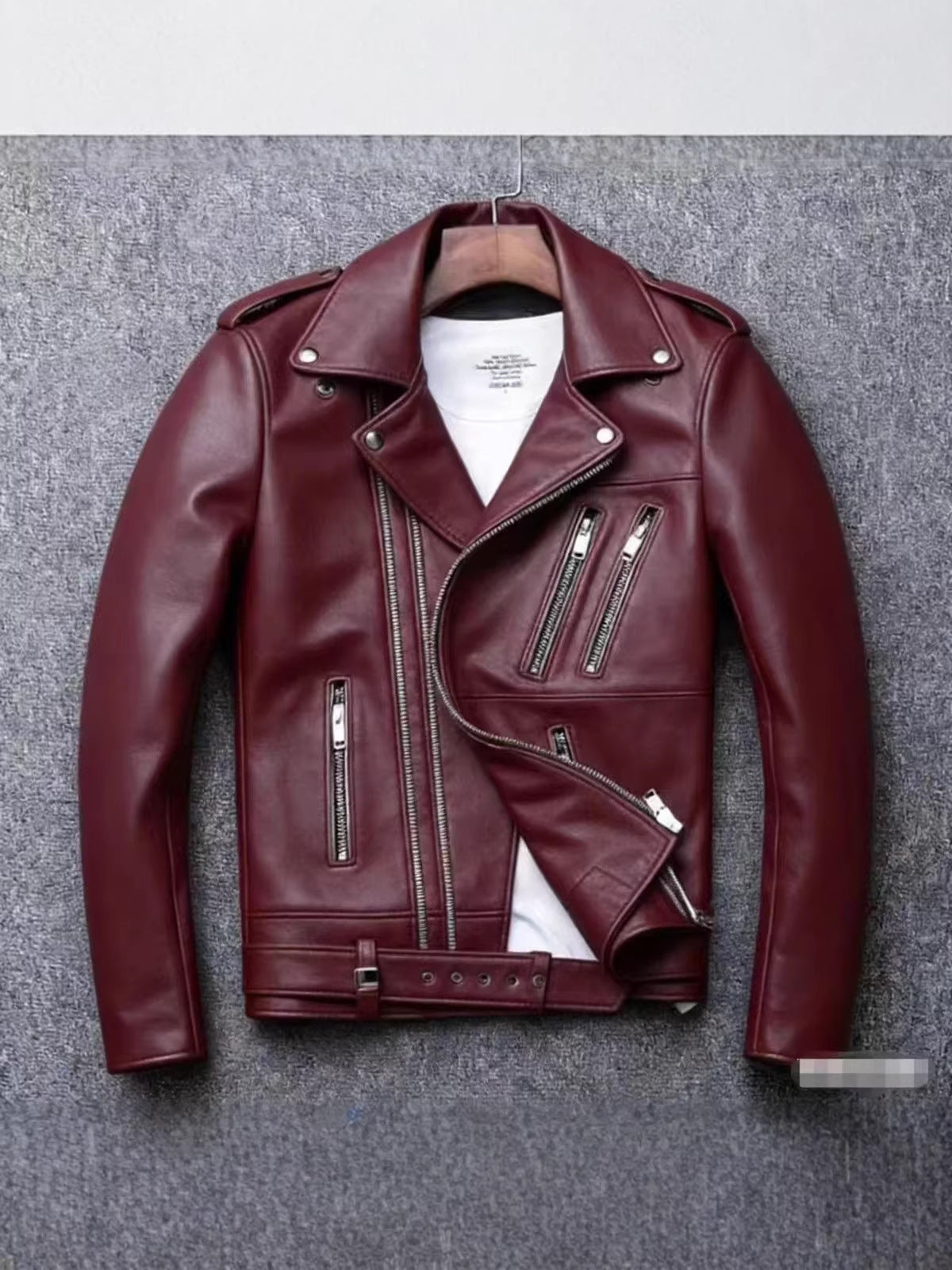 Men's leather jacket with water-washed finish, motorcycle-style men's leather jacket