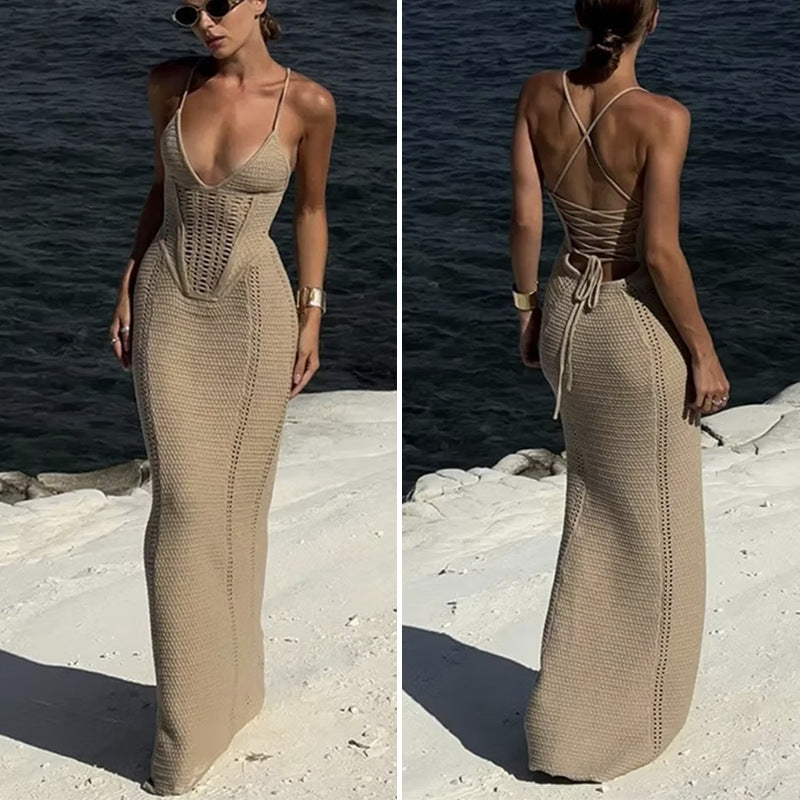 Womens V-Neck Backless Knitted Dress