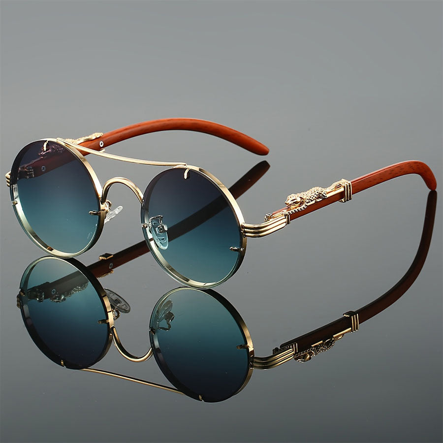 Retro Metal Round Sunglasses with Leopard Head Design