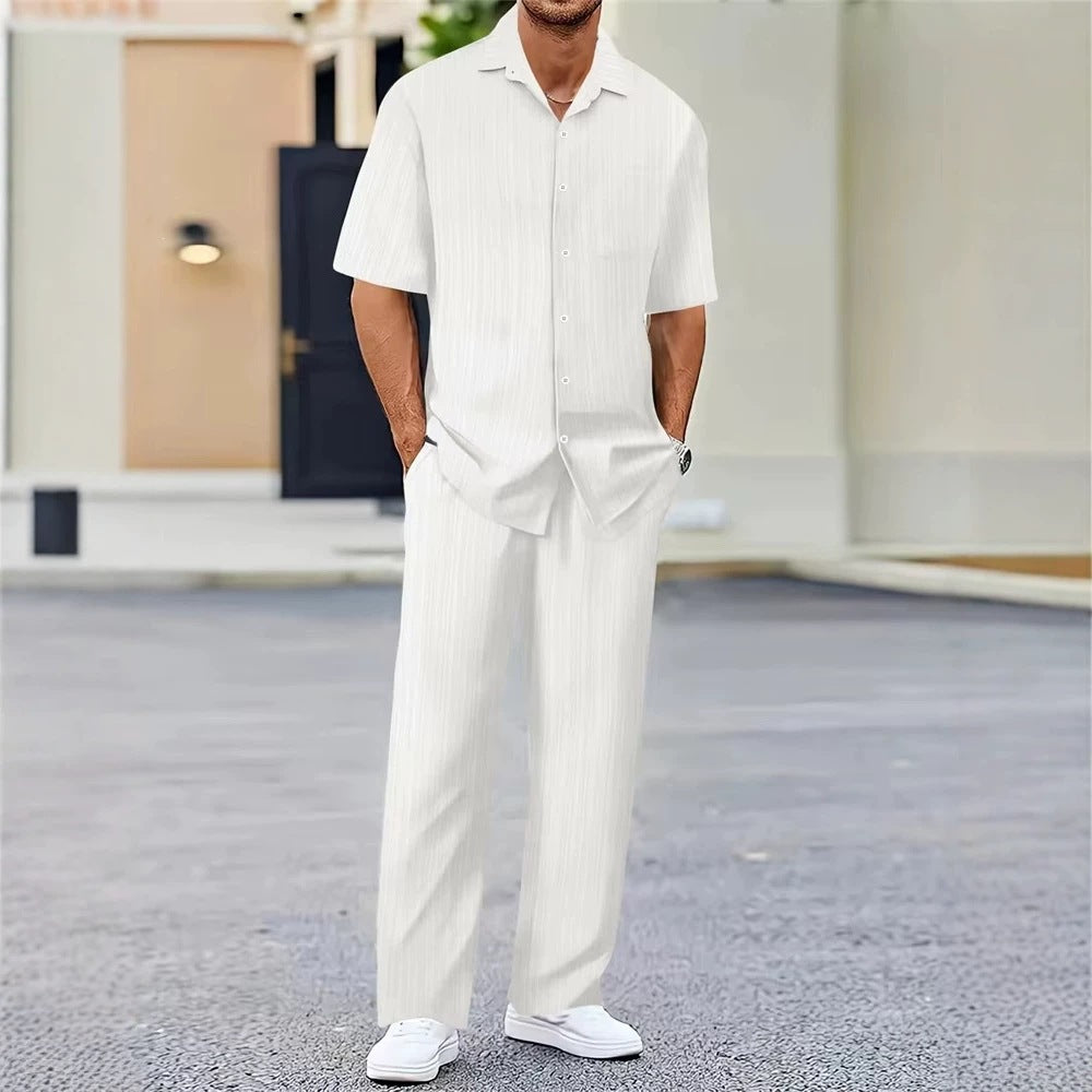 Mens Solid Color Short Sleeve Shirt and Drawstring Long Pants Two Piece Outfit