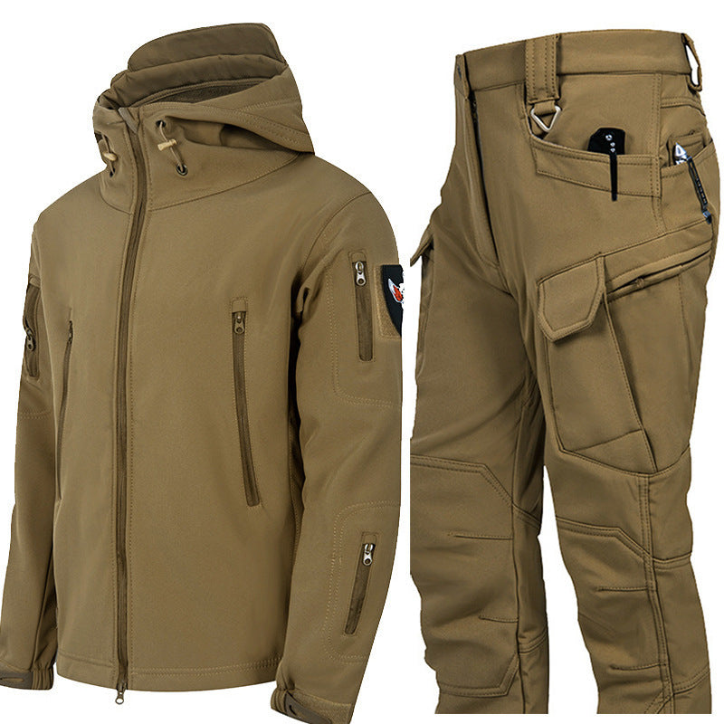 Men's Waterproof Tactical Jacket Set with Fleece Lining Sharkskin Outdoor Hunting Clothing