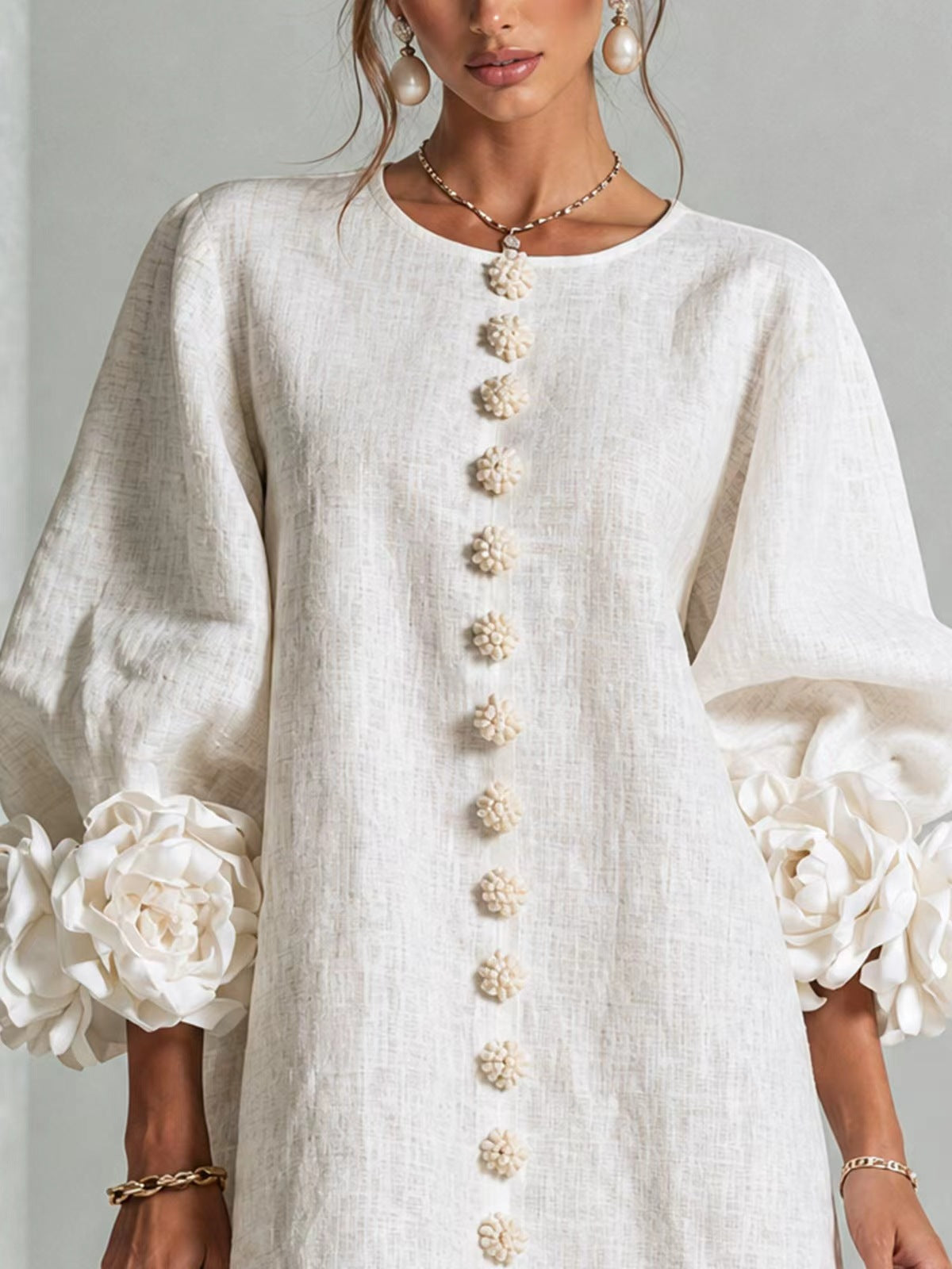 French Floral Cotton Linen A-Line Dress