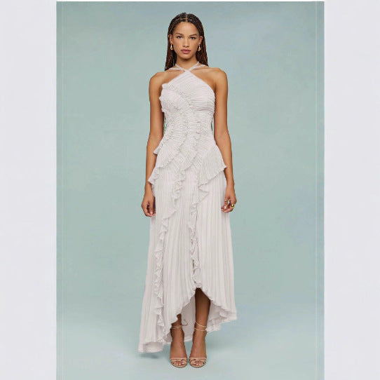 Summer Pleated Halter Neck Backless Dress