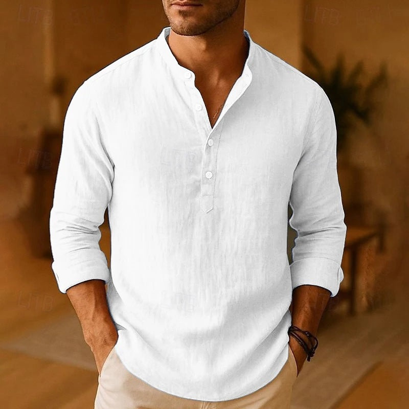Men's Linen Stand Collar Long Sleeve Breathable Casual Shirt