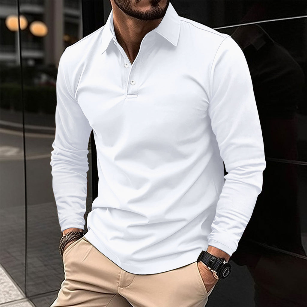 Mens Long Sleeve Solid Color Polo Shirt Casual Cotton Blend Button Down