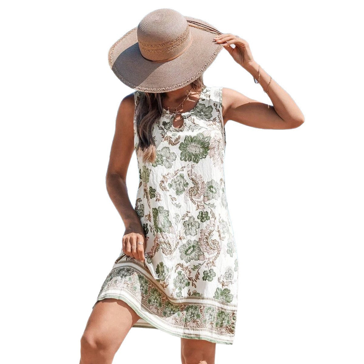Hawaiian Floral Print V-Neck Sleeveless Mid-Length Dress