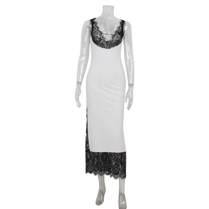 Sleeveless Strap V-Neck Lace Stitching Elegant Dress