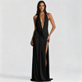Deep V-Neck Halter Ruched Backless Dress