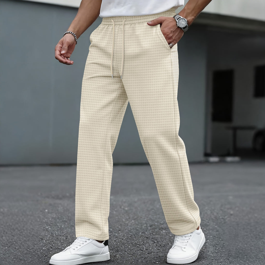 men's new large checkered drawstring casual pants, lightweight, breathable, comfortable straight-leg pocket trousers