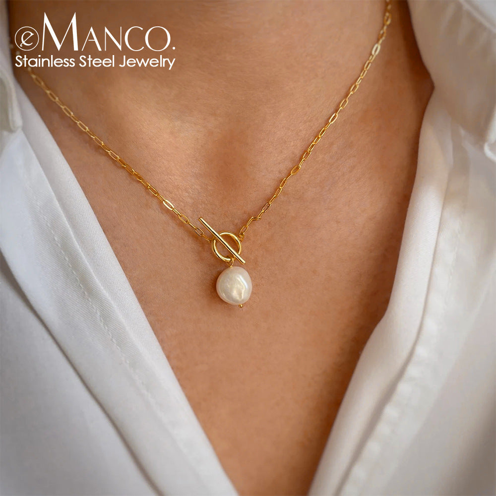Baroque Freshwater Pearl Stainless Steel Necklace Square Chain Jewelry