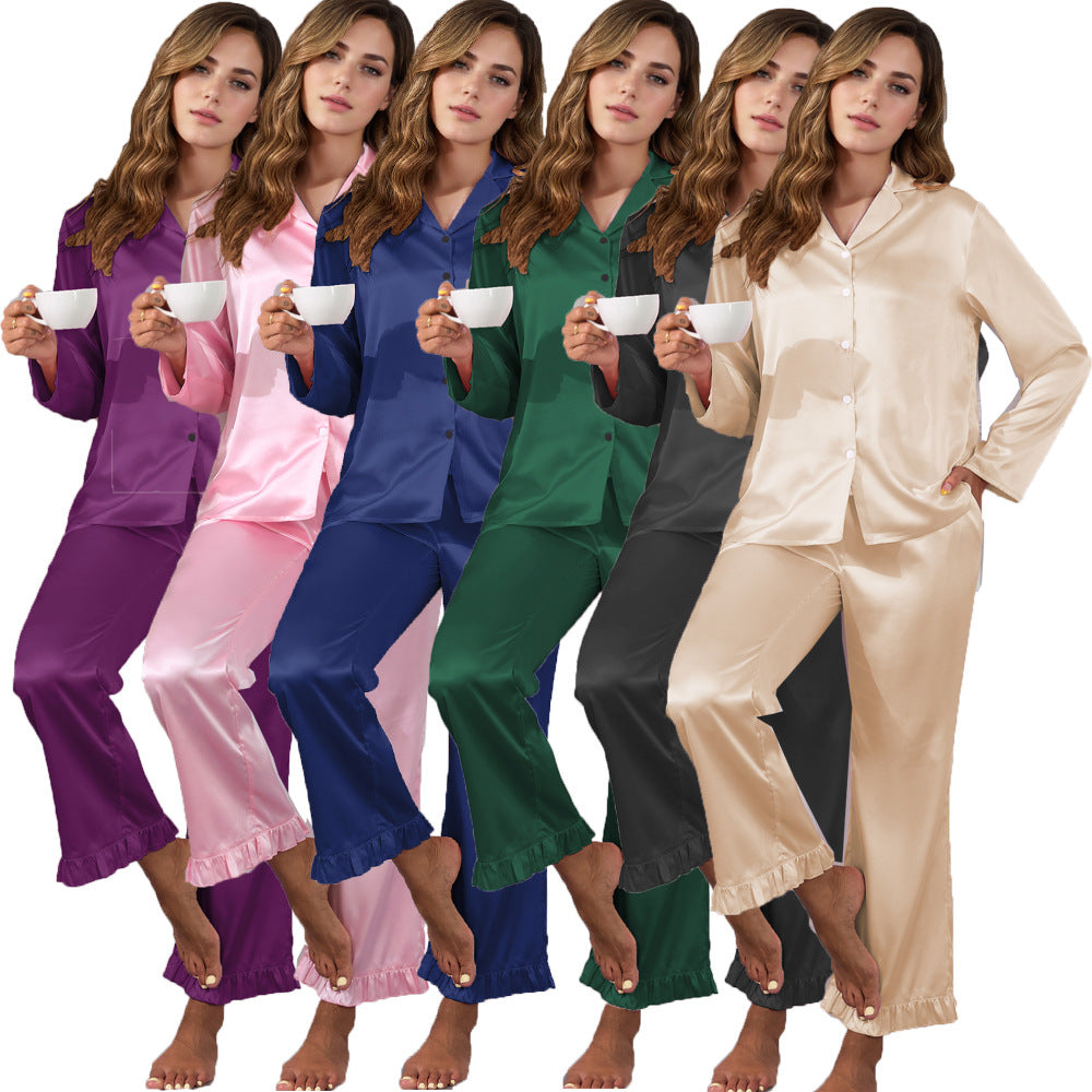 Women's Imitation Silk Long Sleeve Pajama Set Satin Lapel Loungewear Two-Piece Set