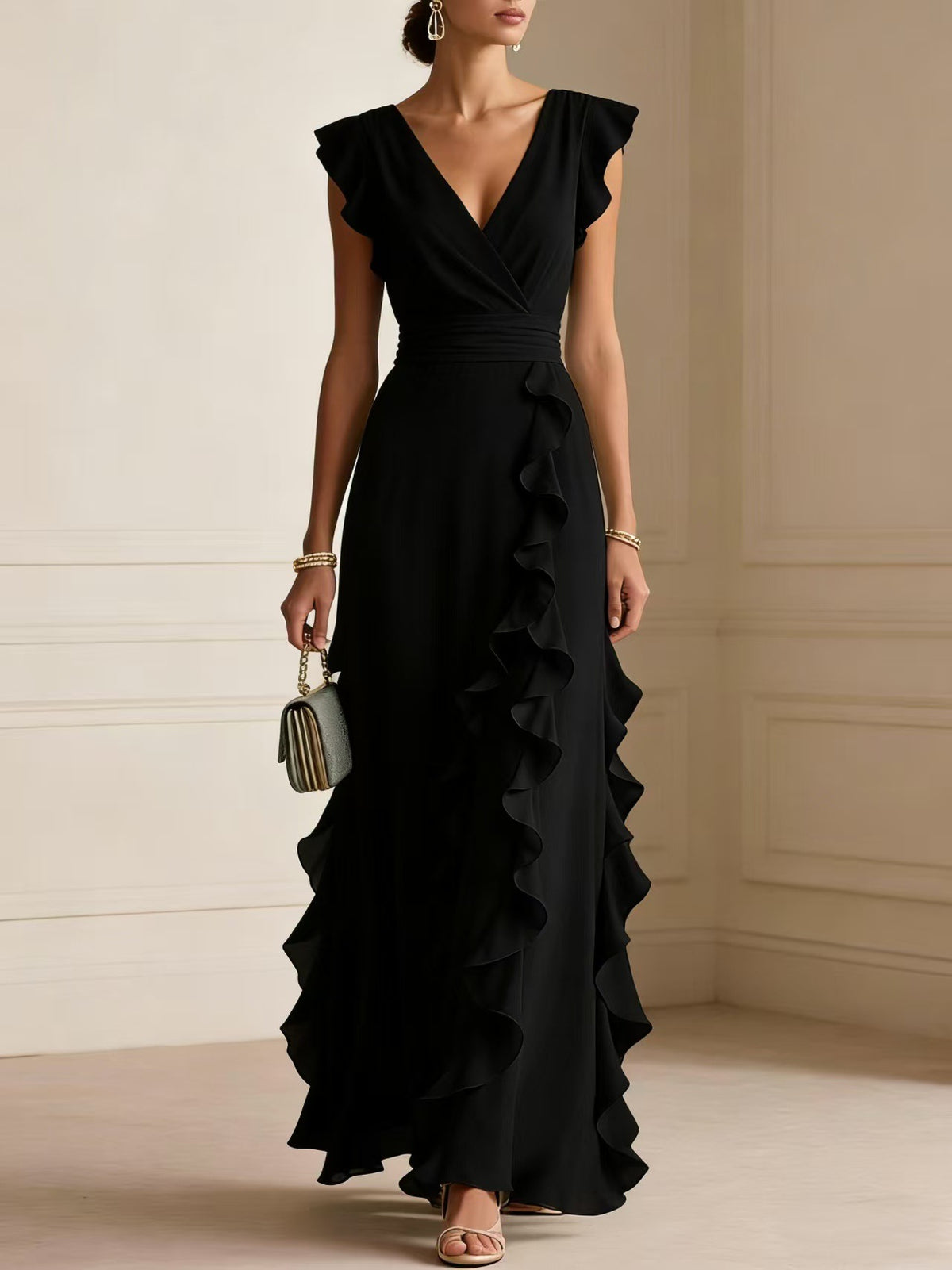 Solid Color, Ruched, Short-Sleeve, V-Neck, Dress, Chiffon Gown