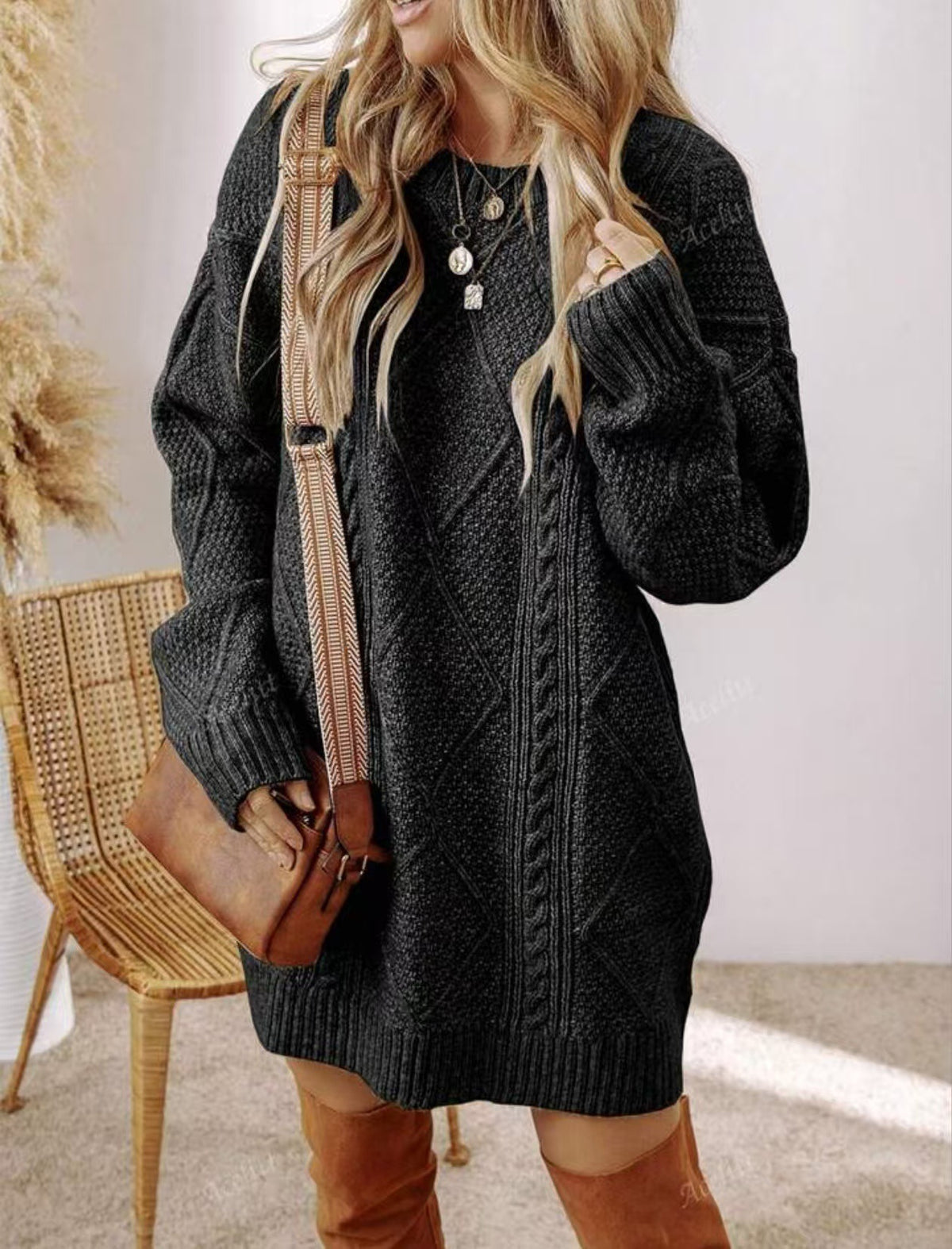 Women's Cable Knit Knee-Length Sweater Dress