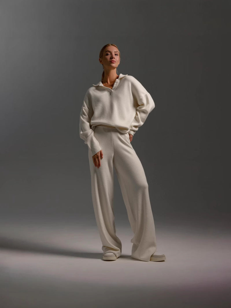 Women's Two-Piece Knit Set Polo Collar Pullover and Wide-Leg Pants