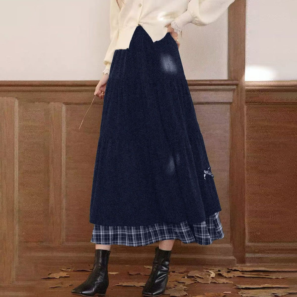 Woolen corduroy patchwork check high-waisted A-line long dress