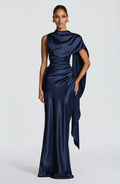 High-End Satin One-Shoulder Ribbon Waist Fishtail Gown