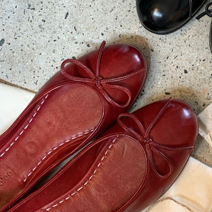 Vintage French Ballet Oil-Waxed Leather Bow Flat Shoes
