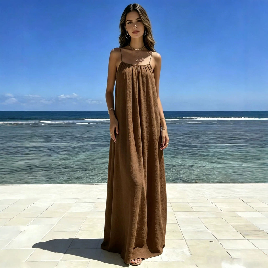 Womens Loose Fit Sleeveless Tie Neck Long Dress