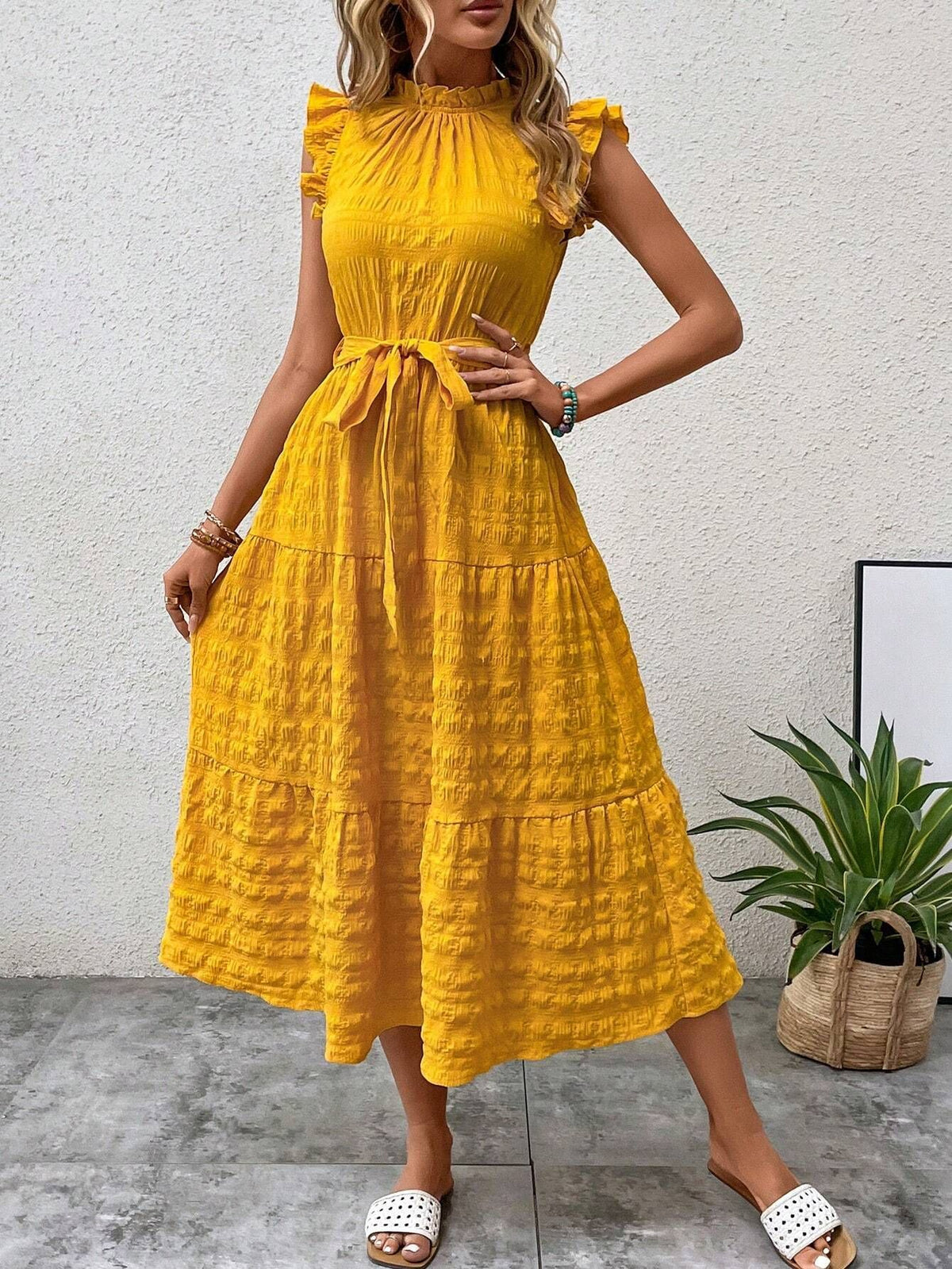 Womens Ruffled Sleeve Tie Textured Dress