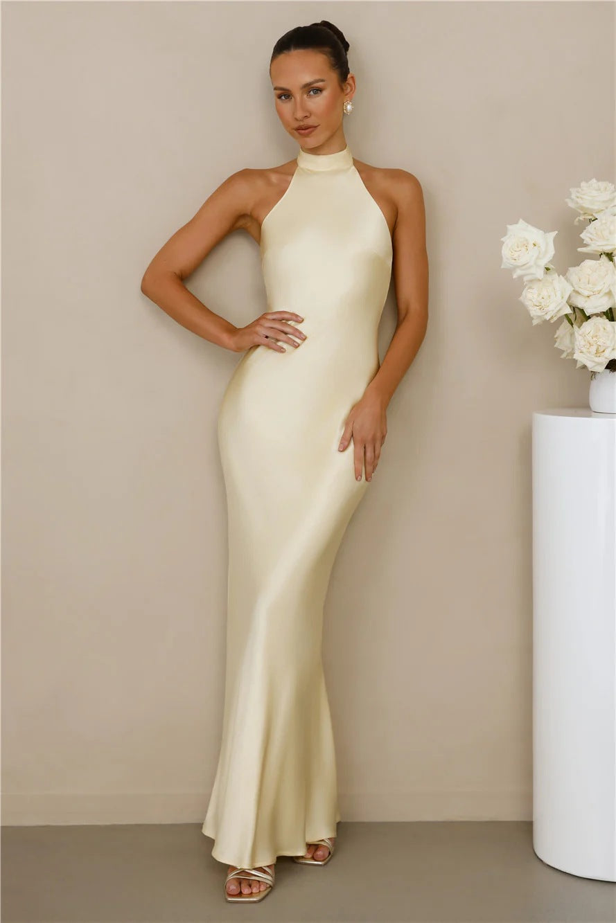 Women Satin Halter Neck Tie Slim Fit Long Dress
