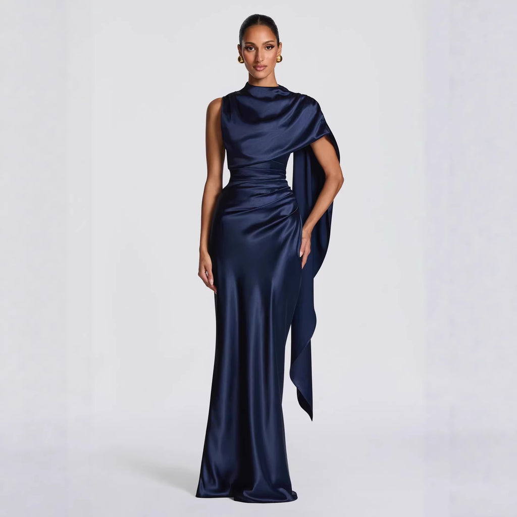 High-End Satin One-Shoulder Ribbon Waist Fishtail Gown