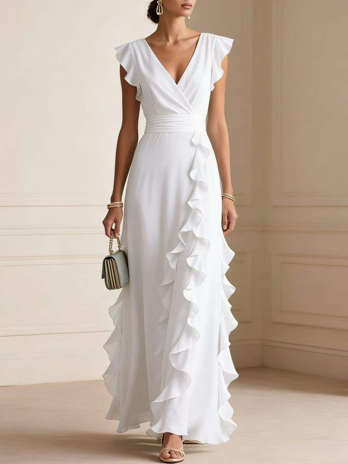 Solid Color, Ruched, Short-Sleeve, V-Neck, Dress, Chiffon Gown