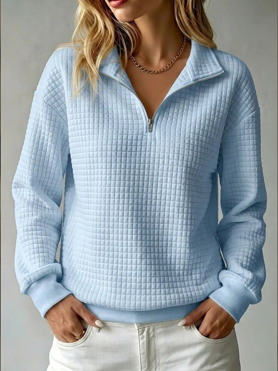 Women's Stand Collar Zip Long Sleeve Waffle Knit Patchwork Sweatshirt