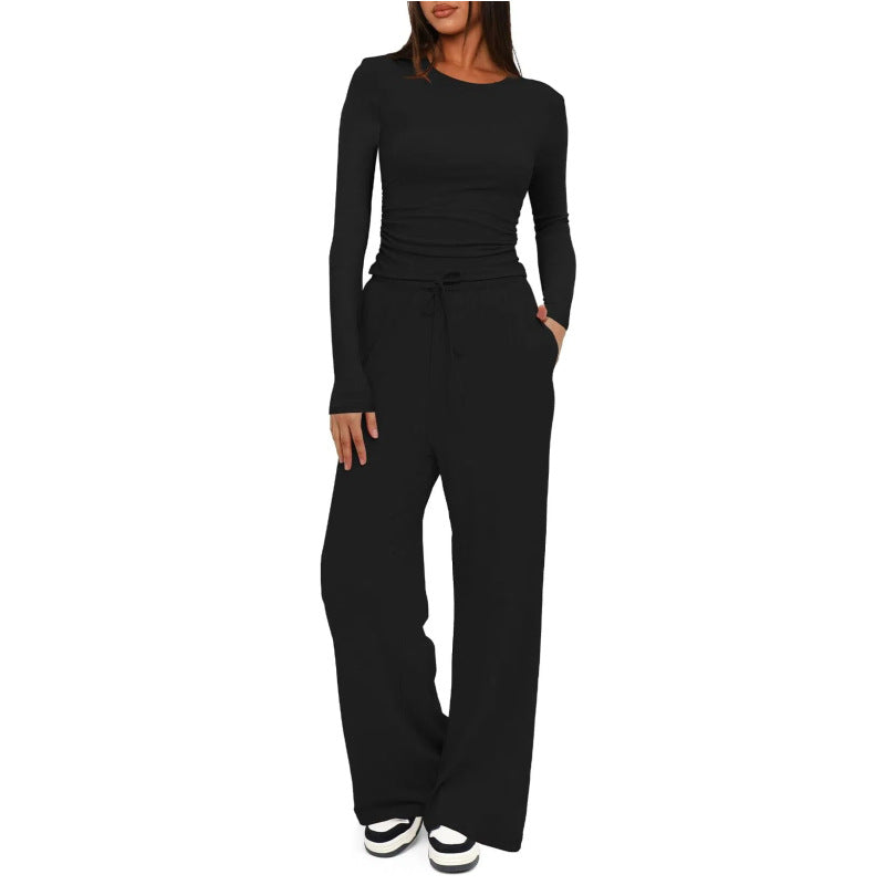 Solid Color Long Sleeve Top and High Waisted Wide Leg Pants Sportswear Set