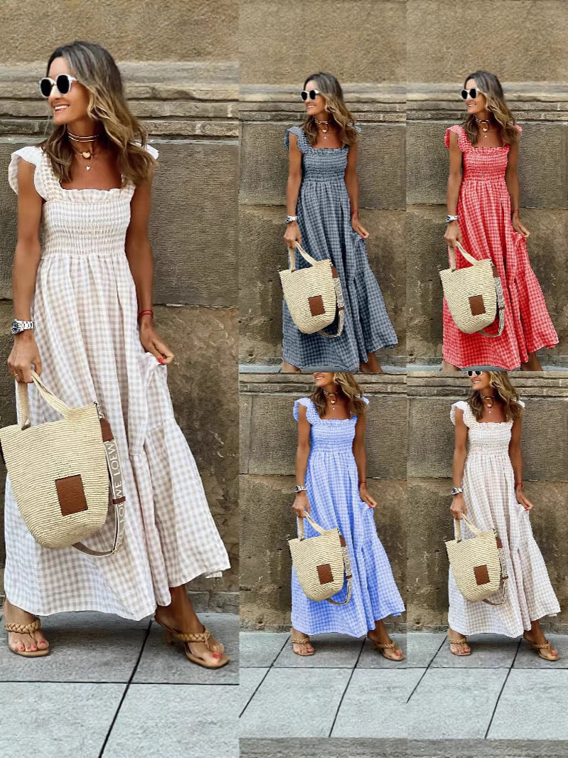 Summer Stylish Women's Patchwork Plaid Strap Elastic Flared Dress