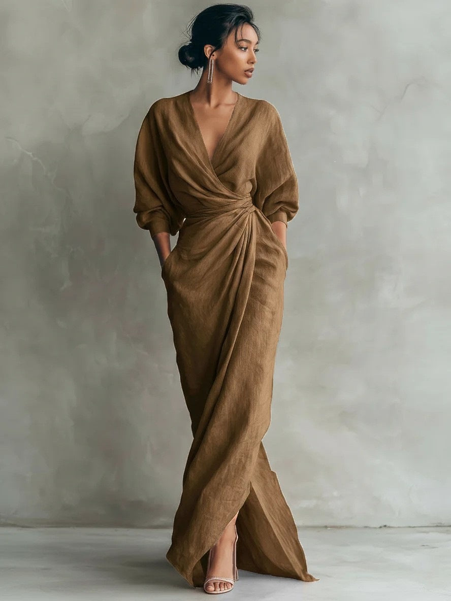 Solid-color V-neck long-sleeve slit waist-cinching dress with pockets