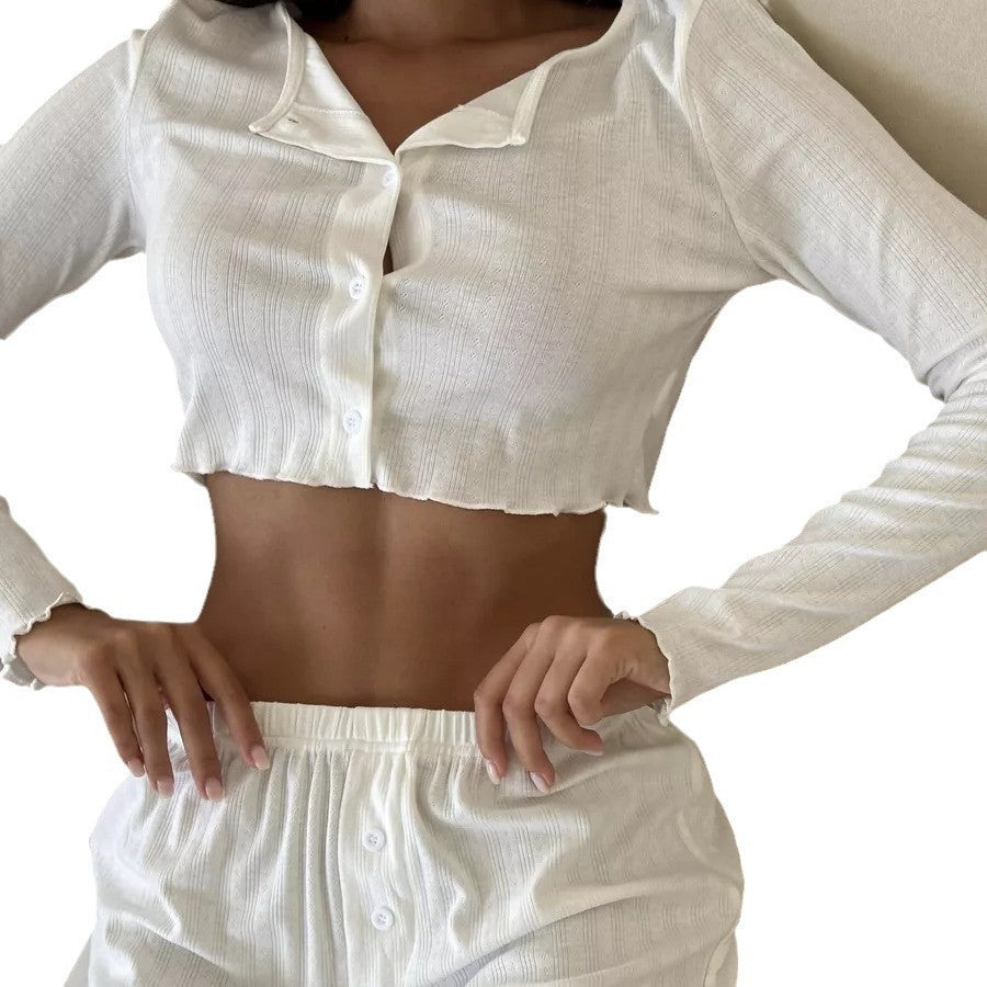 Women's Lapel Long Sleeve Knit Pajama Suit