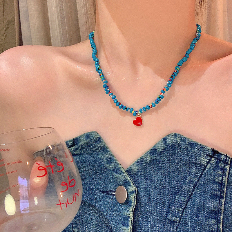 Dopamine Colored Stone Beaded Necklace with Enamel Heart Pendant