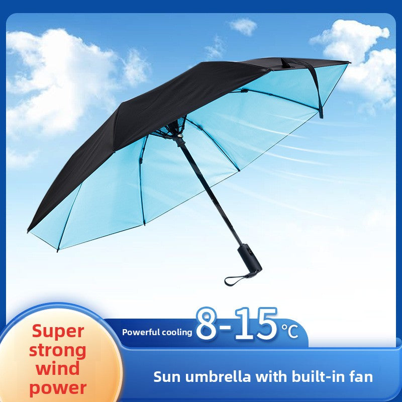 Rechargeable Folding Umbrella with Built-in Fan UV Protection 3-in-1 Sun and Rain Canopy