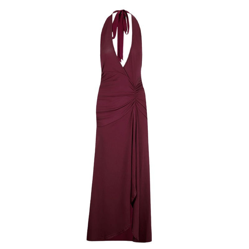 Womens Backless Deep V Halter Neck Pleated Dress
