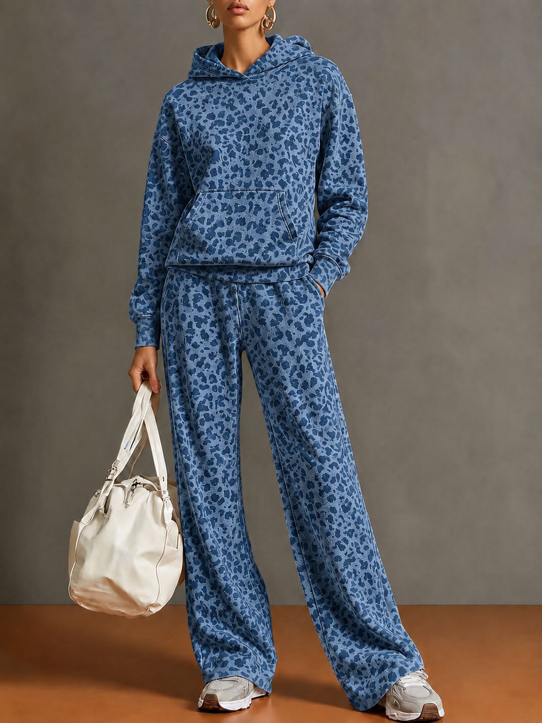Vintage Leopard Print Hooded Sweatshirt and Wide-Leg Pants Set