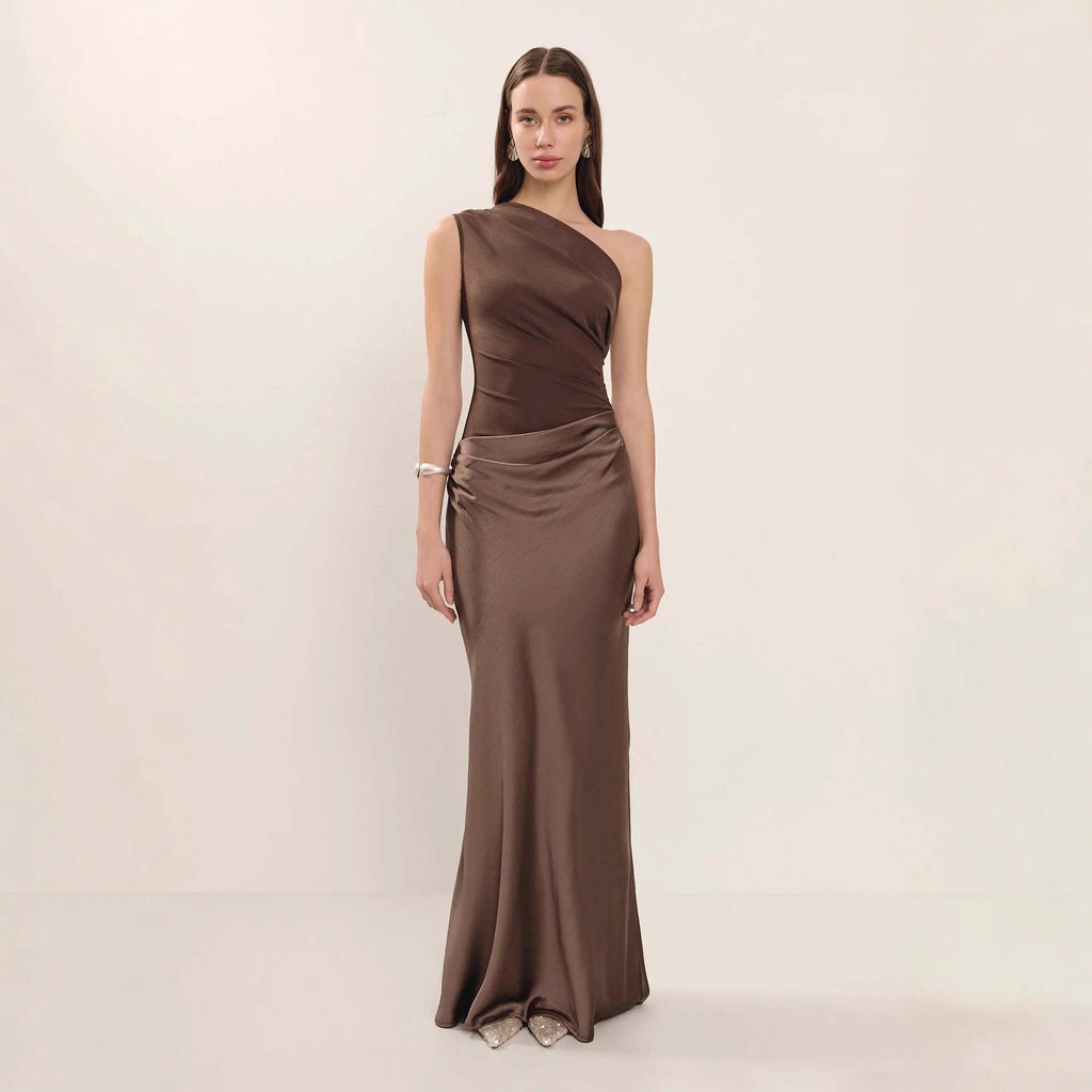 Diagonal Neckline Sleeveless Satin Long Dress