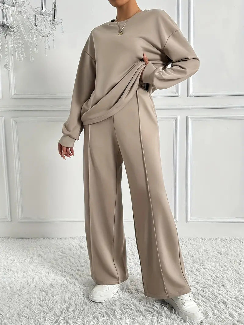 Women's Solid Color Round Neck Long Sleeve Pants Suit Casual Two-Piece Set
