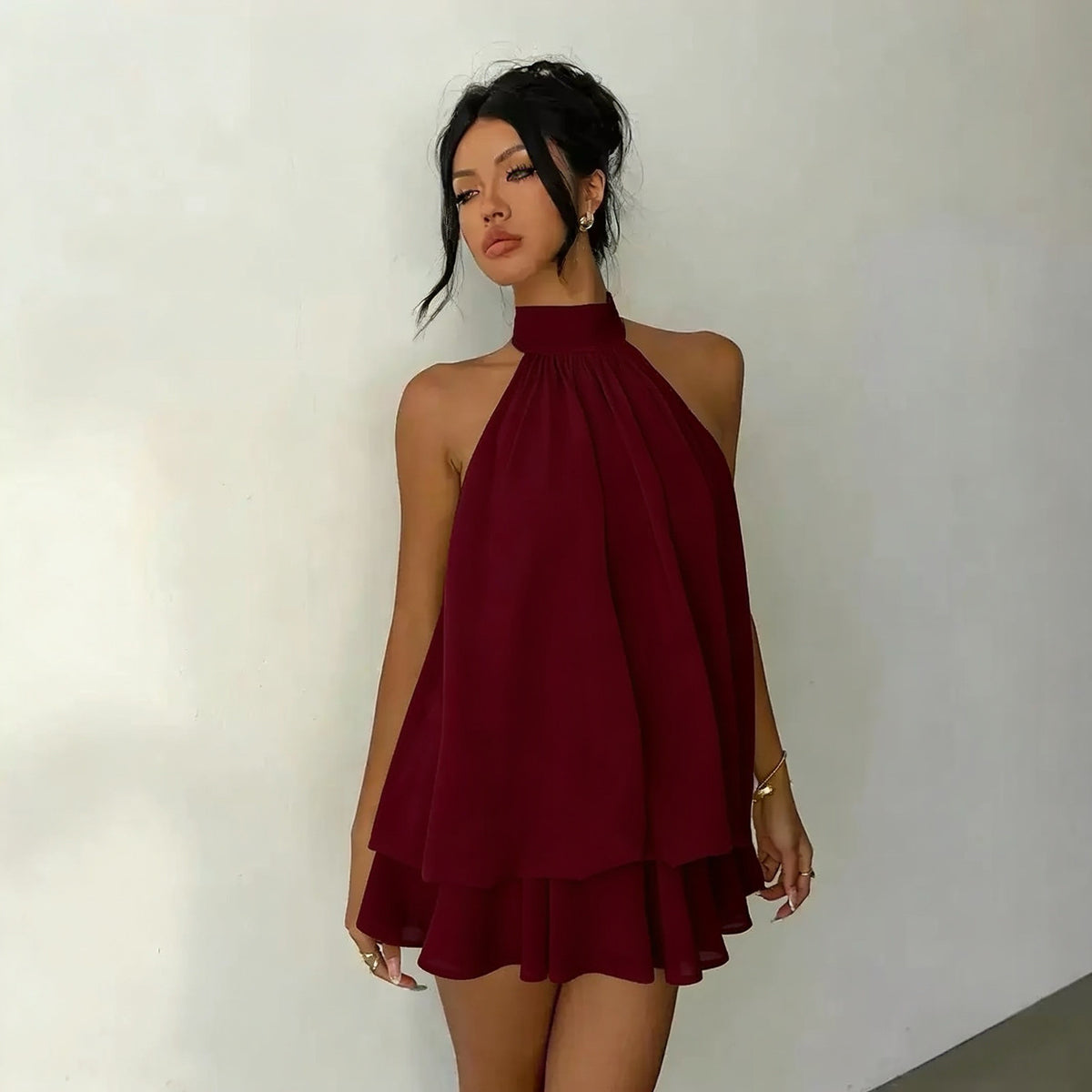 Women Halter Neck Chiffon A-Line Dress