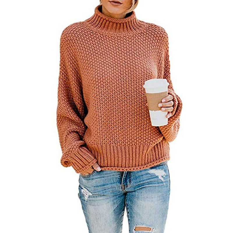 Womens Turtleneck Sweater Loose Fit Solid Color Oversized Knit Pullover