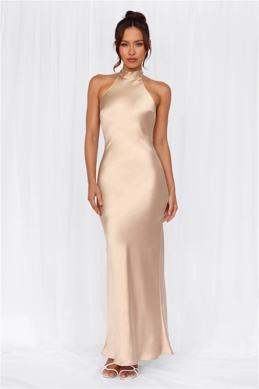 Women Satin Halter Neck Tie Slim Fit Long Dress