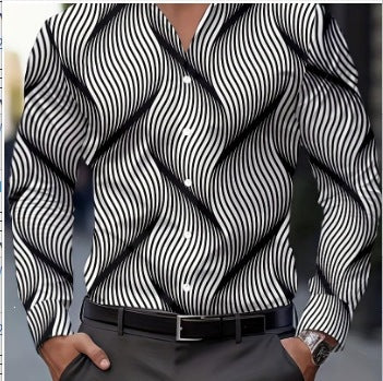 Digital Print Long-Sleeve Men's Slim-Fit Casual Shirt