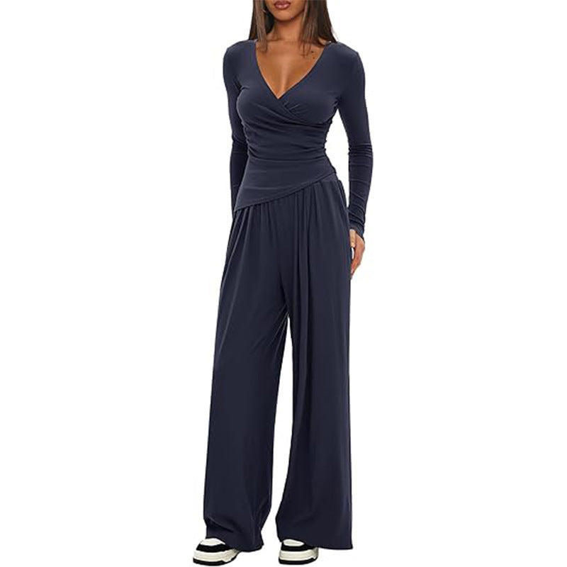 Women's Solid Color Knit V-Neck Long Sleeve Top and Wide Leg Pants Two-Piece Set